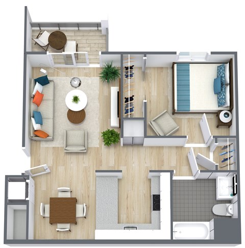 A top-down view of a living room with a couch, chairs, a coffee table, a potted plant, and a rug.